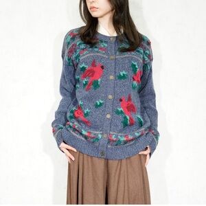 VINTAGE Northern Treasures COIN BUTTON BIRD DESIGN KNIT CARDIGAN